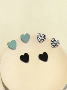 3pairs/Set Women's Shallow Green & Black Leopard Print Clay Texture Heart Shape Acrylic Earrings, 1 Card Valentines