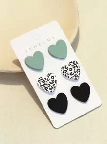 3pairs/Set Women's Shallow Green & Black Leopard Print Clay Texture Heart Shape Acrylic Earrings, 1 Card Valentines
