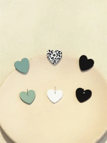 3pairs/Set Women's Shallow Green & Black Leopard Print Clay Texture Heart Shape Acrylic Earrings, 1 Card Valentines
