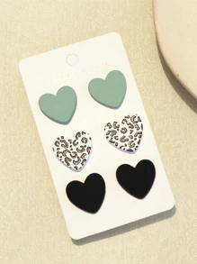 3pairs/Set Women's Shallow Green & Black Leopard Print Clay Texture Heart Shape Acrylic Earrings, 1 Card Valentines