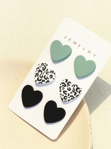 3pairs/Set Women's Shallow Green & Black Leopard Print Clay Texture Heart Shape Acrylic Earrings, 1 Card Valentines