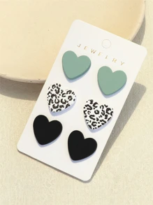 3pairs/Set Women's Shallow Green & Black Leopard Print Clay Texture Heart Shape Acrylic Earrings, 1 Card Valentines