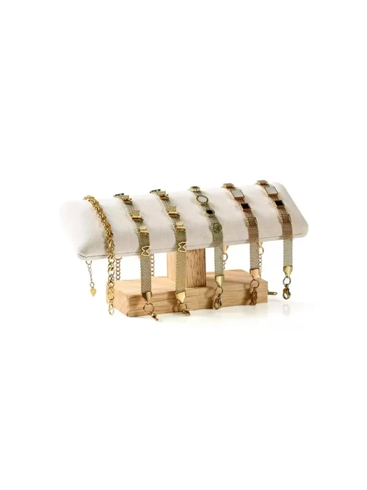 Supporto Per Bracciali E Orologi 3 Livelli – Velluto Beige Con Coperchi In Metallo Dorato - 5