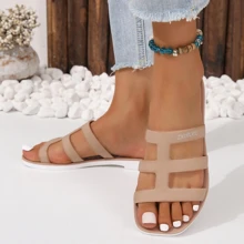 夏天平底果凍拖鞋適合女士,戶外柔軟防滑雨鞋,水晶通風洞沙灘涼鞋 - 杏色 - 查看 2