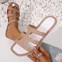 夏天平底果凍拖鞋適合女士,戶外柔軟防滑雨鞋,水晶通風洞沙灘涼鞋 - 杏色 - 查看 1