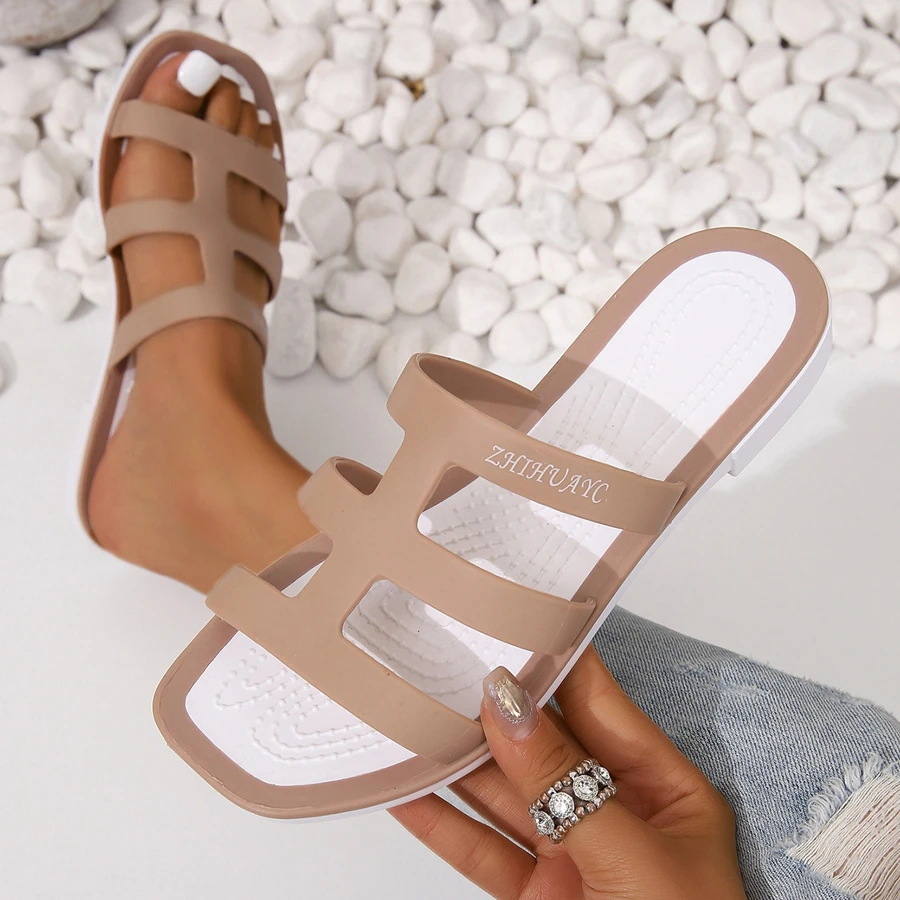 夏天平底果凍拖鞋適合女士,戶外柔軟防滑雨鞋,水晶通風洞沙灘涼鞋 - 杏色 - 查看 1