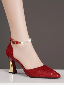 Women's Hollow Out Chunky Heel High Heel Shoes With Ankle Strap And Pointed Toe - Red - View 2