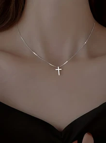 17KM 1入組簡約風十字吊墜項鍊,女士度假和日期禮品 - 銀色 - 查看 2