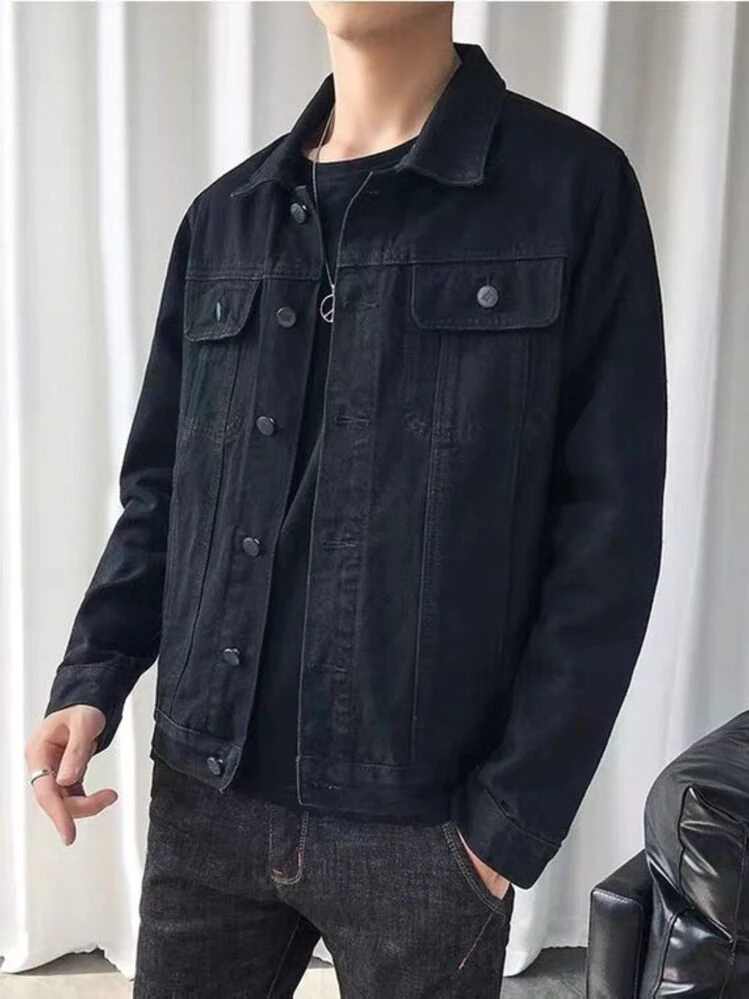 Jaqueta Denim masculino preta e lavagem clara rasgado 4 bolsas com abotoaduras - Preto - Visão 4