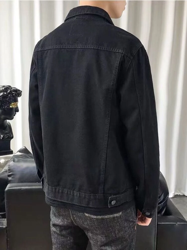 Jaqueta Denim masculino preta e lavagem clara rasgado 4 bolsas com abotoaduras - Preto - Visão 3