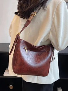 Túi đeo chéo vai màu trơn cổ điển có dây đeo bản rộng có thể điều chỉnh dành cho nữ - Cà phê nâu - Xem 5