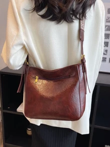 Túi đeo chéo vai màu trơn cổ điển có dây đeo bản rộng có thể điều chỉnh dành cho nữ - Cà phê nâu - Xem 4