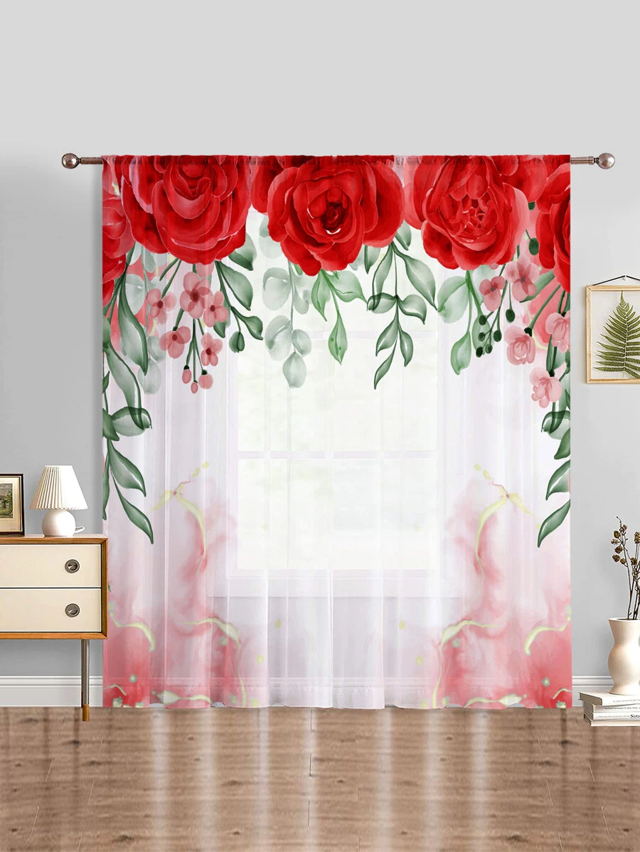 1pc Rose Pattern Rod Pocket Sheer Curtain With Light Luxury Style For Living Room, Bedroom, Balcony - Multicolor - View 1