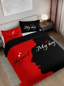 3pcs Black And Red Heart Alphabet Bedding Set (1 Quilt Cover Without Comforter + 2 Pillowcases Without Pillow Core), Home Dorm High Definition Printing - Multicolor - View 2