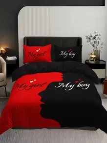 3pcs Black And Red Heart Alphabet Bedding Set (1 Quilt Cover Without Comforter + 2 Pillowcases Without Pillow Core), Home Dorm High Definition Printing - Multicolor - View 1