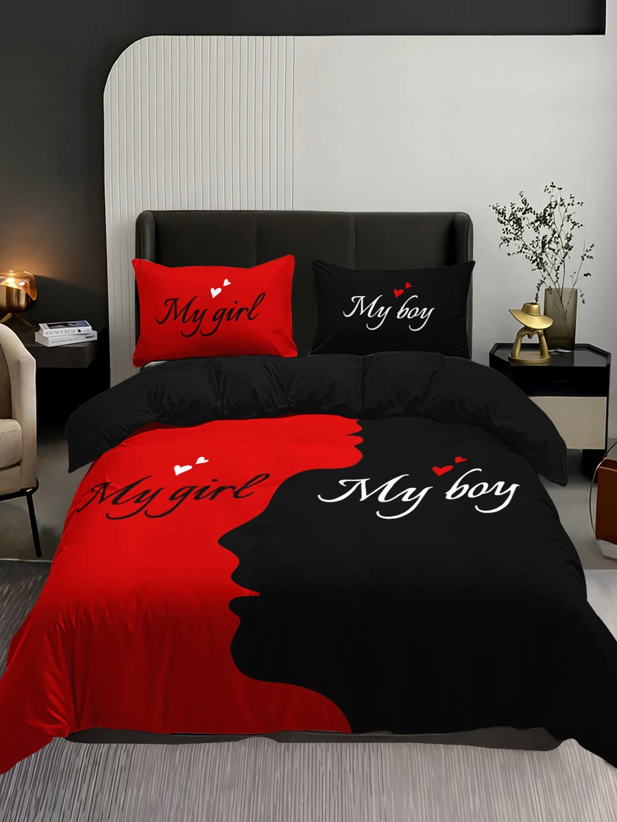 3pcs Black And Red Heart Alphabet Bedding Set (1 Quilt Cover Without Comforter + 2 Pillowcases Without Pillow Core), Home Dorm High Definition Printing - Multicolor - View 1