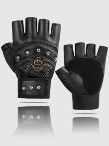1雙骷髏&鉚釘裝飾露指騎行手套 - 黑色 - 查看 1