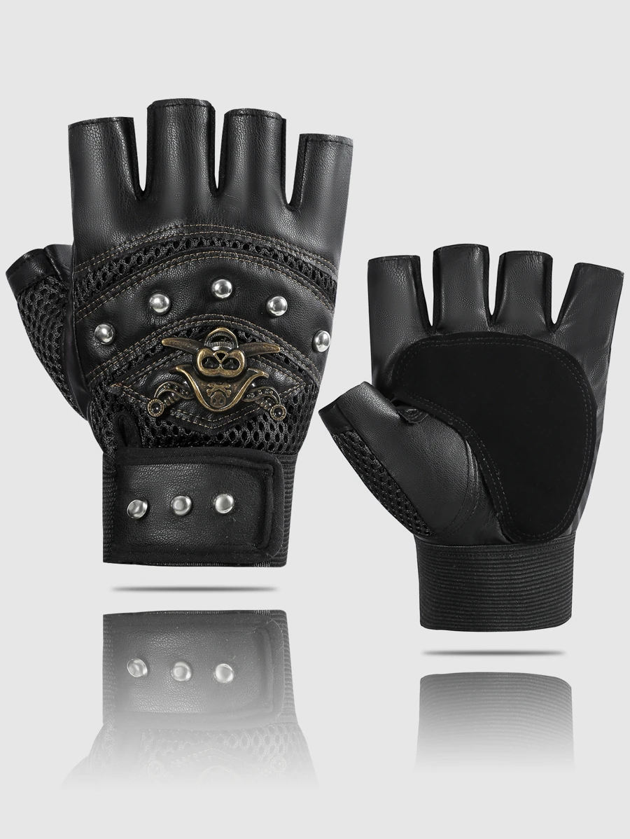 1雙骷髏&鉚釘裝飾露指騎行手套 - 黑色 - 查看 1