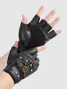 1雙骷髏&鉚釘裝飾露指騎行手套 - 黑色 - 查看 3