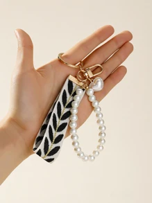 Elegant Faux Pearl Decor Keychain Car Accessories Bag Charm Backpack For School Pearl - Black and White - View 3
