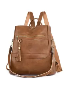 PU Leather Vintage Backpack Wallet For Women, Multi-Function Convertible Handbag Shoulder Bag Travel Backpack With Tassel Charm, School Backpack