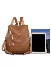 PU Leather Vintage Backpack Wallet For Women, Multi-Function Convertible Handbag Shoulder Bag Travel Backpack With Tassel Charm, School Backpack