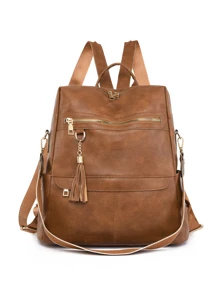 PU Leather Vintage Backpack Wallet For Women, Multi-Function Convertible Handbag Shoulder Bag Travel Backpack With Tassel Charm, School Backpack