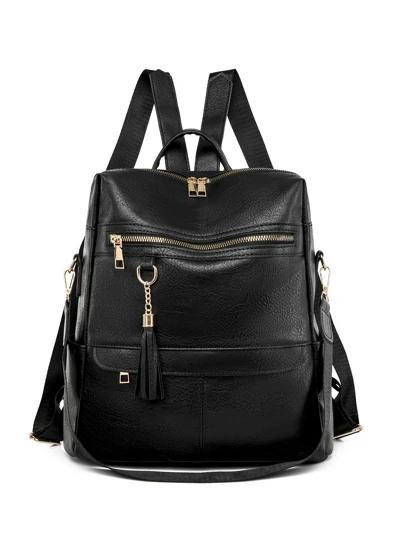 PU 皮革复古背包钱包可转换多功能单肩包手提包女士旅行背包，带流苏吊饰