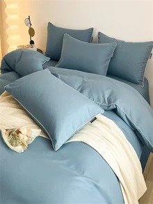 4pcs Plain Bedding Set Including 1 Comforter Cover, 1 Bed Sheet, 2 Pillowcases (No Pillow Core Included) - Apricot - View 3