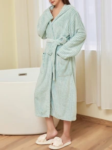 1 件珊瑚绒柔软吸水连帽浴袍、睡袍、家居服、晨衣、睡衣 - 綠色 - 查看 4