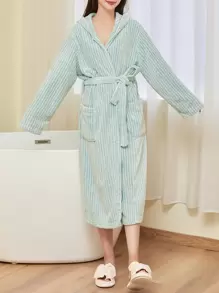 1 件珊瑚绒柔软吸水连帽浴袍、睡袍、家居服、晨衣、睡衣 - 綠色 - 查看 2