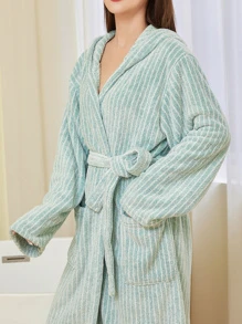 1 件珊瑚绒柔软吸水连帽浴袍、睡袍、家居服、晨衣、睡衣 - 綠色 - 查看 6
