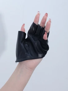 Solid PU Leather Fingerless Gloves - Black - View 5