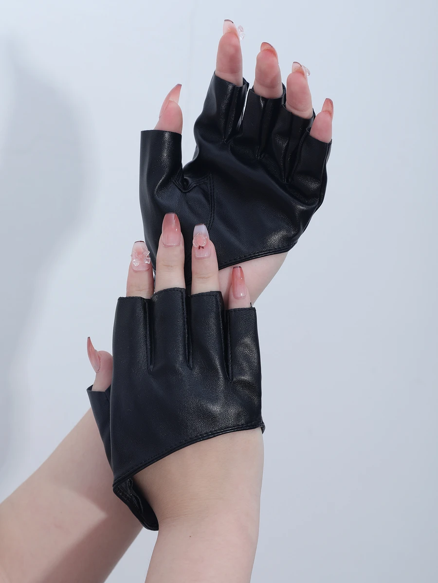 Solid PU Leather Fingerless Gloves - Black - View 1