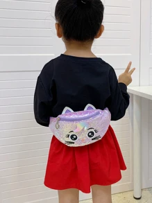 Túi đeo thắt lưng họa tiết thêu hình con mèo nhỏ dễ thương cho bé gái cho những chuyến đi chơi thông thường - Màu tím - Xem 2