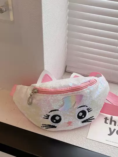 女孩們可愛貓刺繡和亮片裝飾腰包適用於休閒郊遊