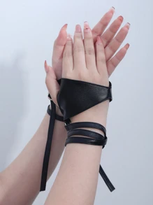 Lace Up PU Leather Fingerless Gloves - Black - View 3