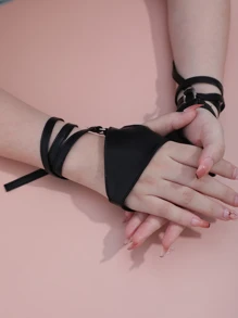 Lace Up PU Leather Fingerless Gloves - Black - View 2