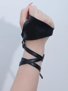 Lace Up PU Leather Fingerless Gloves - Black - View 4