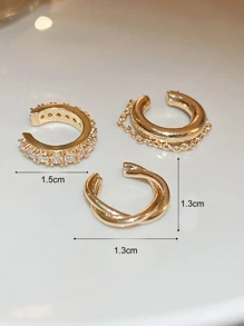 3pcs Elegant Aold Style Inlaid Rhinestone Cubic Zirconia No Ear Piercing Ladies Ear Bone Clip Gift - Yellow Gold - View 3