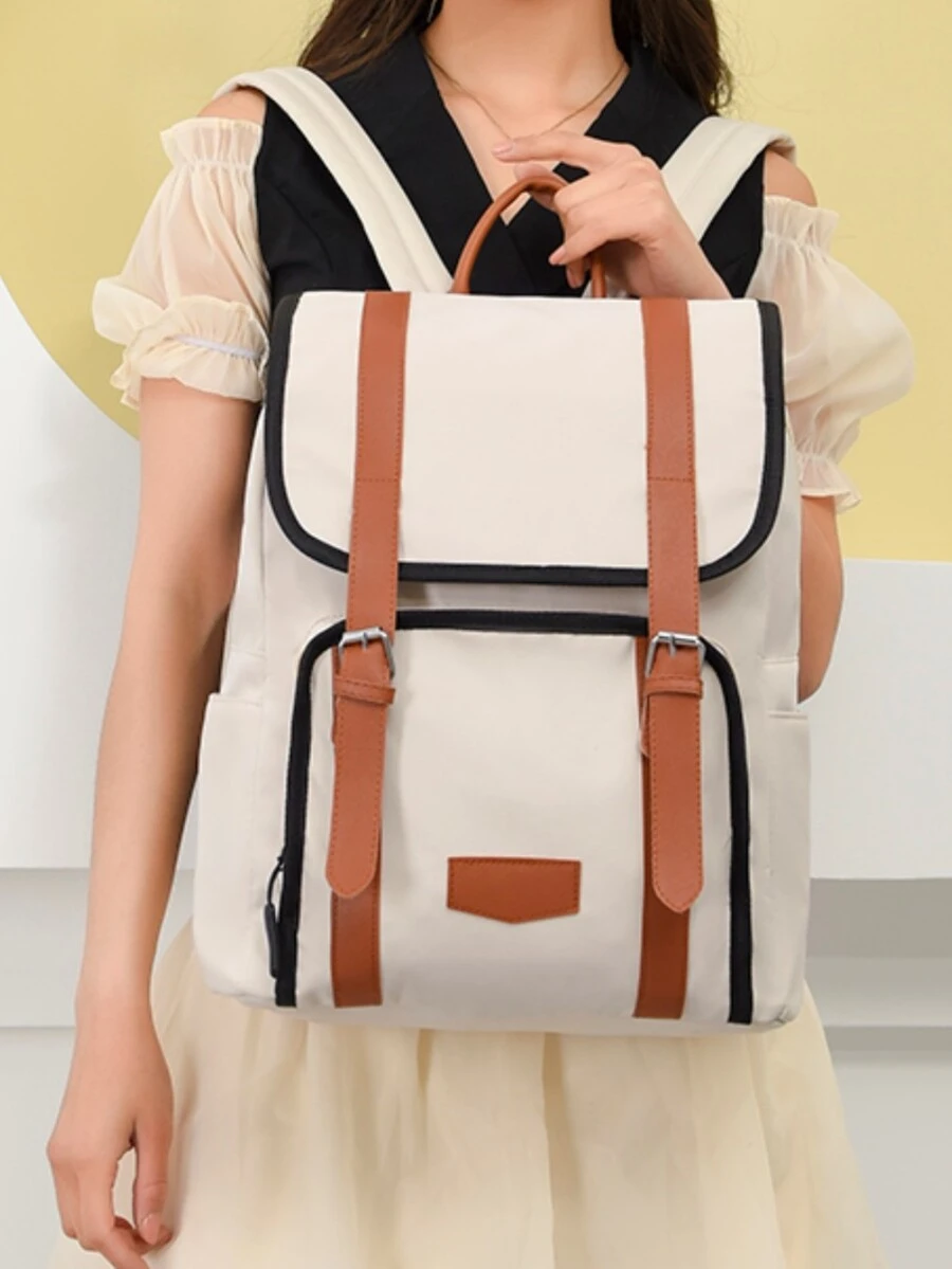 Rucsac flip top bej de mare capacitate.