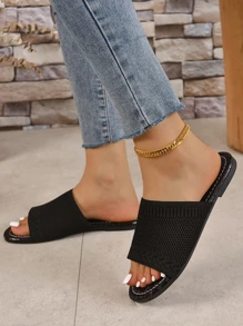 Summer Fashionable Crocodile Pattern Outdoor Slides With Flat Sole And Mesh Top - Black - View 5