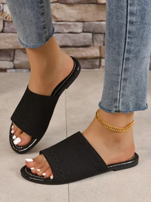 Summer Fashionable Crocodile Pattern Outdoor Slides With Flat Sole And Mesh Top - Black - View 4