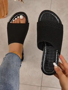 Summer Fashionable Crocodile Pattern Outdoor Slides With Flat Sole And Mesh Top - Black - View 2