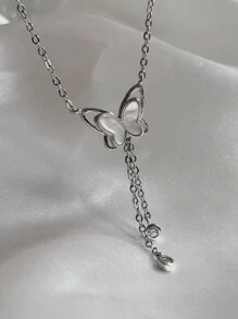 女士蝴蝶油滴流蘇吊墜項鍊，甜美百搭鎖骨鏈，設計空靈別緻 - 銀色 - 查看 4