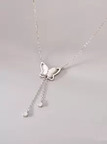 女士蝴蝶油滴流蘇吊墜項鍊，甜美百搭鎖骨鏈，設計空靈別緻 - 銀色 - 查看 5