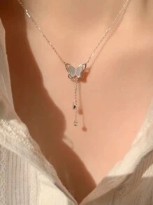 女士蝴蝶油滴流蘇吊墜項鍊，甜美百搭鎖骨鏈，設計空靈別緻 - 銀色 - 查看 1