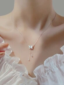 女士蝴蝶油滴流蘇吊墜項鍊，甜美百搭鎖骨鏈，設計空靈別緻 - 銀色 - 查看 3