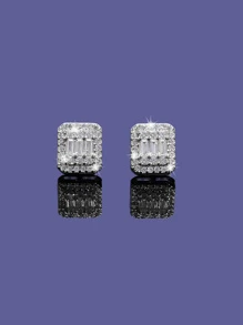 1pair Exquisite Cubic Zirconia Decor Square Stud Earrings For Women For Daily Decoration - Silver - View 2