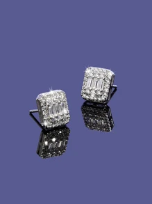 1pair Exquisite Cubic Zirconia Decor Square Stud Earrings For Women For Daily Decoration - Silver - View 3